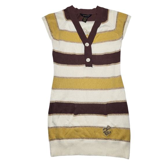 Vintage Y2K Rocawear Mini Sweater Dress Yellow Gold Brown Sequin Fitted Medium - Picture 1 of 9